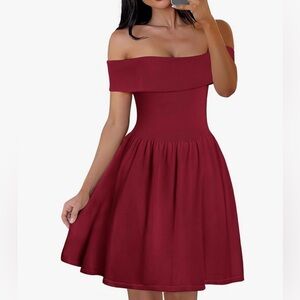 Merokeety Wine Off-Shoulder Mini Knit Flirty Old-Money Dress Size Small NWT!